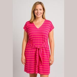 Lands End Pink Orange Striped Knit Dress Cap Sleeve Tie Waist Split V-Neck S